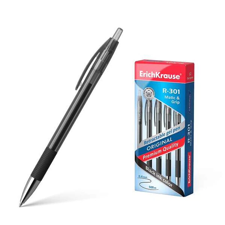 Erichkrause Boligrafo de Gel Automatico R-301 Original Gel Matic&Grip - Tinta de Gel de Secado Rapido - Cuerpo Transparente con Grip de Goma - Color N 1