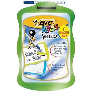 Bic Velleda Kids Pizarra Escolar Blanca y Milimetrada + 1 Marcador Velleda Azul + 1 Borrador - Dimensiones: 20x30cm - Colores Aleatorios