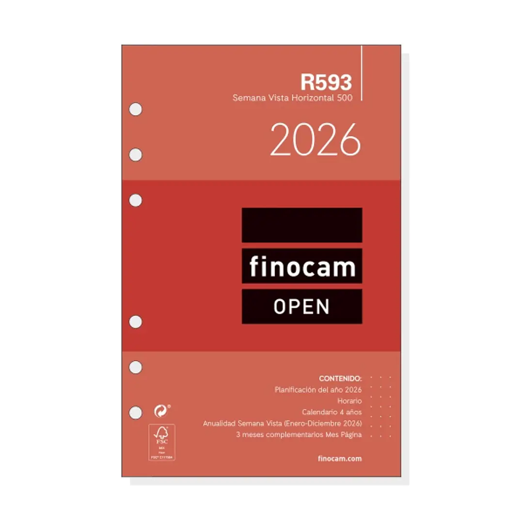 Finocam R593 Recambio Anual 2026 para Agendas Open 2026 - Formato 500 - 117x6x181mm - Semana Vista Horizontal - Color Blanco 1