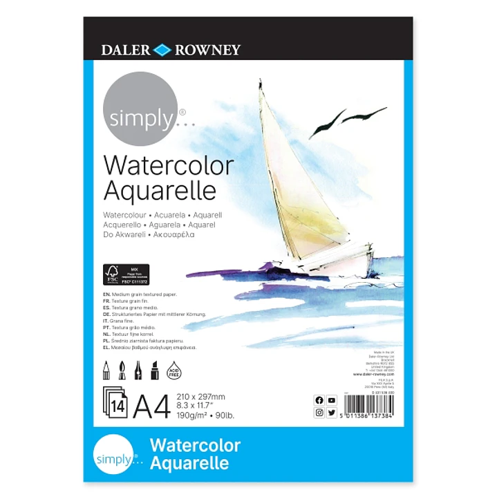Daler Rowney Simply Bloc Encolado para Acuarela - A4 - 190g - 14 Hojas - Color Blanco 1