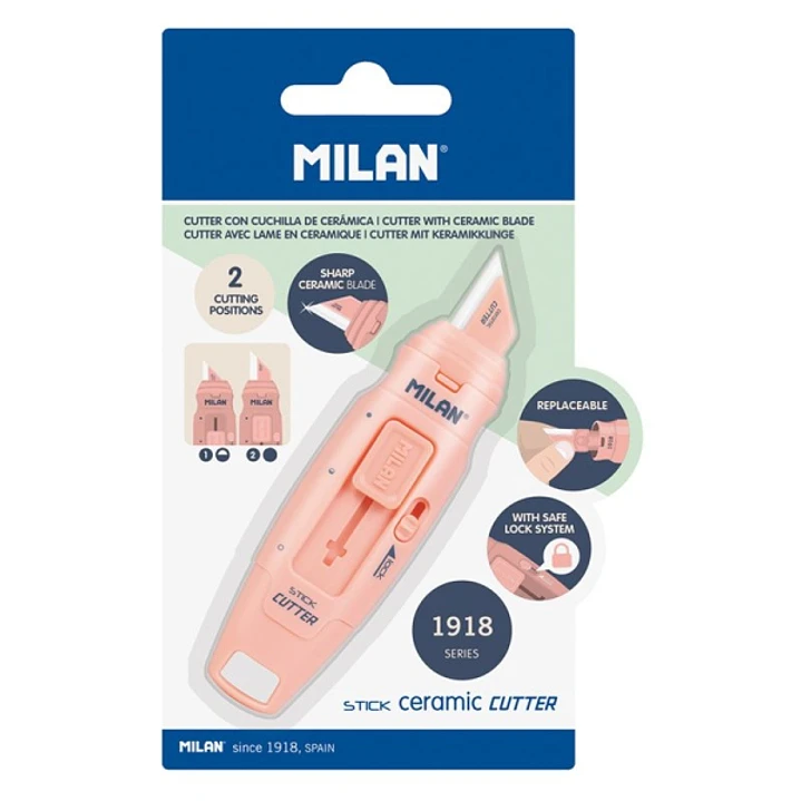 Milan Coleccion 430 Cutter de Hoja Ceramica Reemplazable - Cuchilla con Protector - Bloqueo de Seguridad - Color Rosa 1
