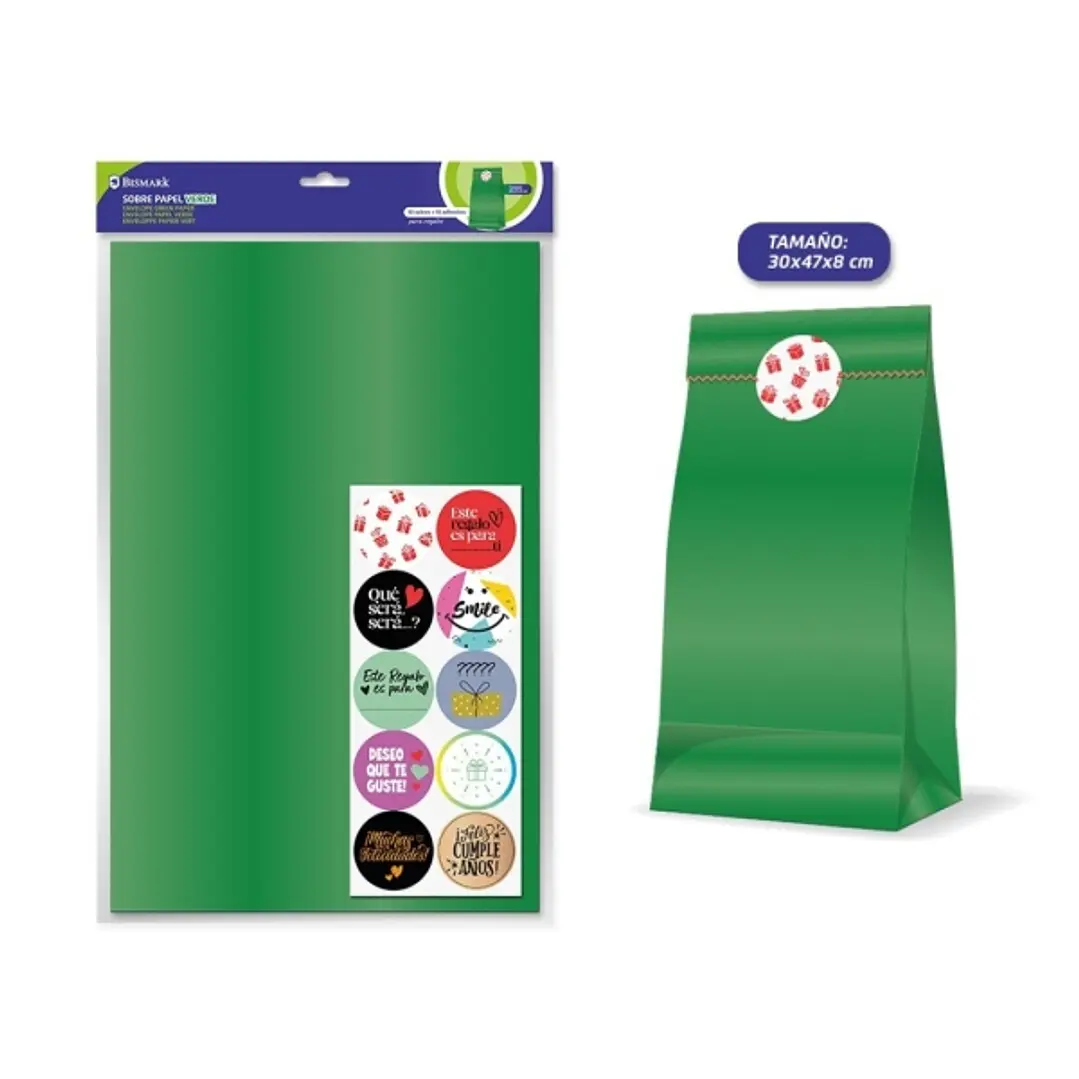 Bismark Pack de 10 Sobres Papel Kraft 50grs con 10 Pegatinas para Cierre - Medidas 30x47x8cm - Ideal para Regalos - Color Verde 1