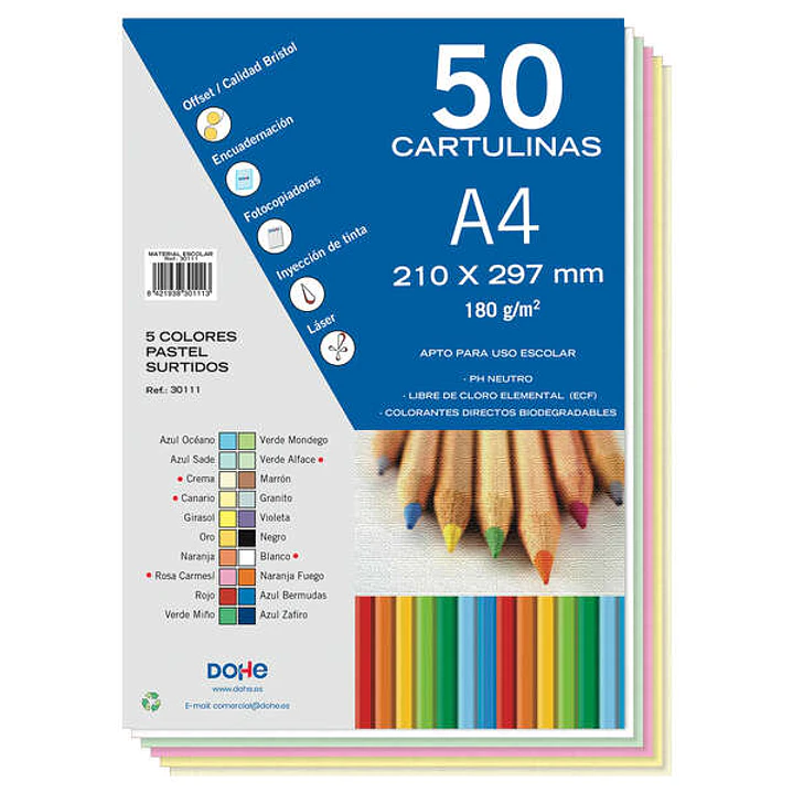 Dohe Pack de 50 Cartulinas A4 de 180gr - Con PH Neutro - Libres de Cloro Elemental - Colores Pastel Surtidos 1