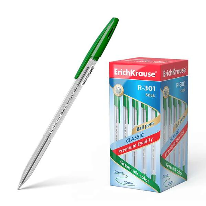 Erichkrause R-301 Boligrafo de Bola Punta 1.0mm - Trazo 0.5mm - Tinta de Secado Rapido - Cuerpo Transparente - Capuchon Ventilado - Color Verde 1