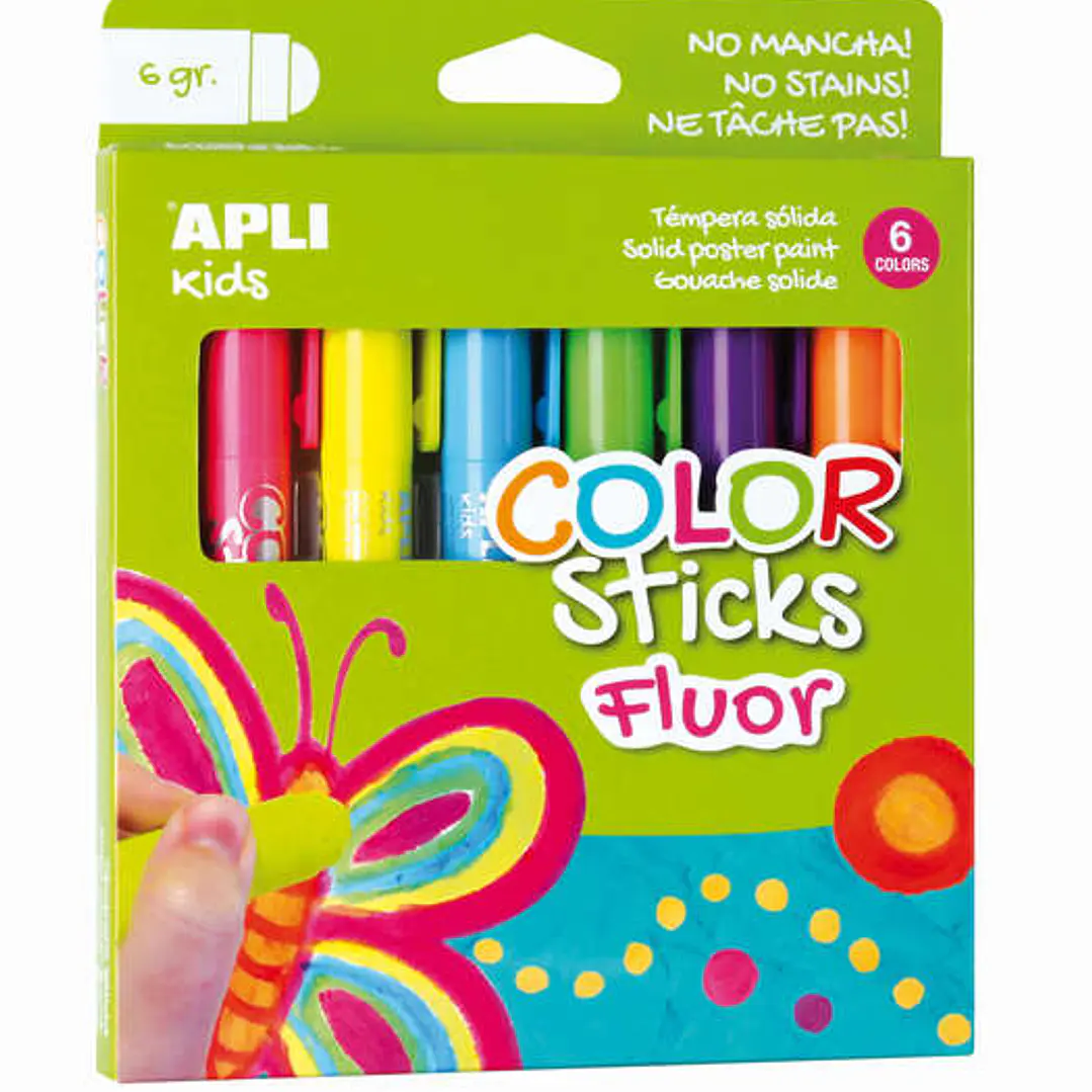 Apli Color Sticks Pack con 6 Temperas Solidas de 6g en Colores Fluor - Acabado Satinado - Secado Rapido - Efecto Cera o Tempera Segun la Presion Ejerc 1