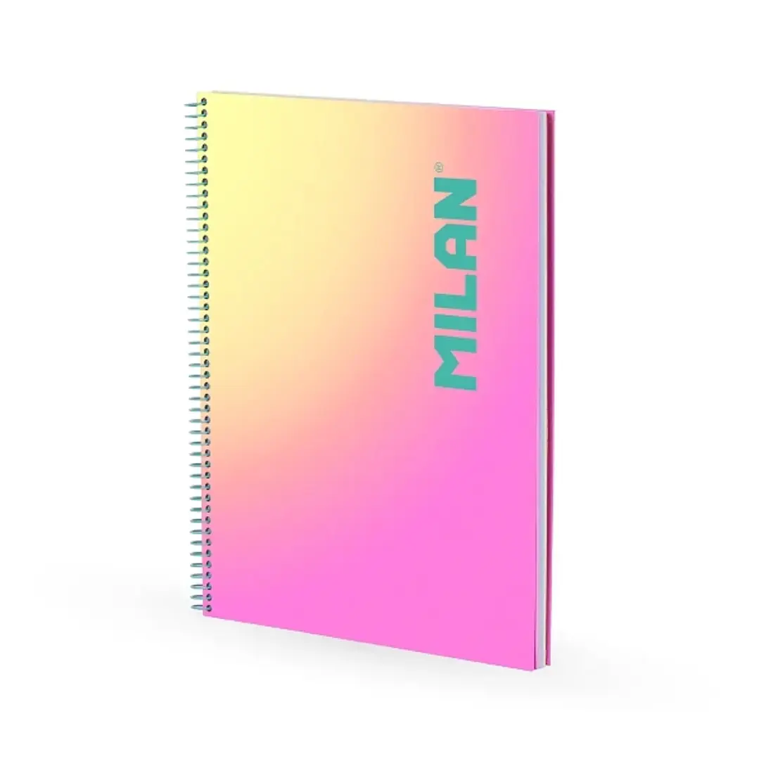 Milan Sunset Cuaderno Espiral Formato A4 Cuadricula 5x5mm - 90 Hojas de 95 gr/m2 - Microperforado, Bandas de Color y 4 Taladros - Color Rosa/Amarillo 1
