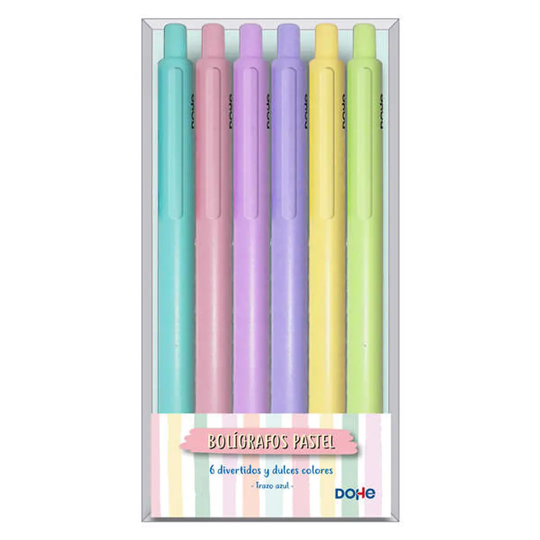 Dohe Pack de 6 Boligrafos Retractiles - Punta Bola Metalica de 1mm - Trazo de 0,4mm - Tinta Azul - Cuerpo en Tonos Pastel Surtidos 1