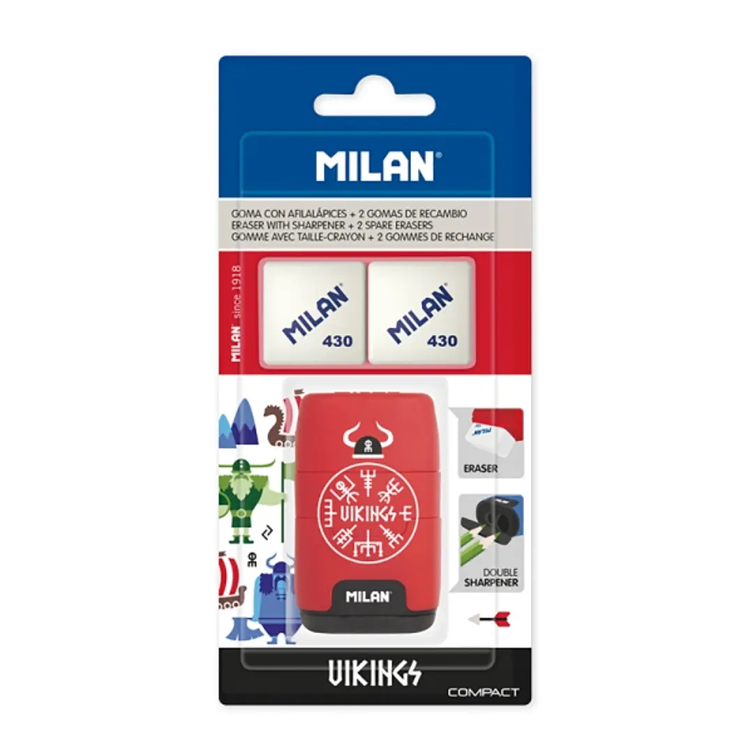 Milan Compact Vikings Afilaborra - 2 Gomas de Recambio - Cuchilla de Acero de Seguridad - Doble Agujero para Normal y Maxi - Colores Surtidos 1