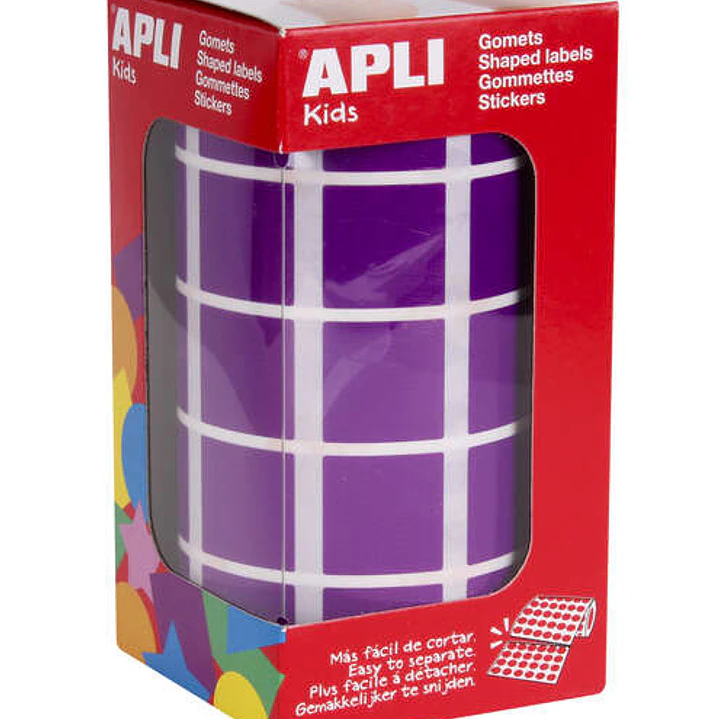 Apli Gomets Cuadrados Lila - 20 x 20mm - 59 Hojas Pretroqueladas - 1770 Gomets por Rollo - Ideal para Escuelas y Talleres Infantiles - Normas EN-71 y  1