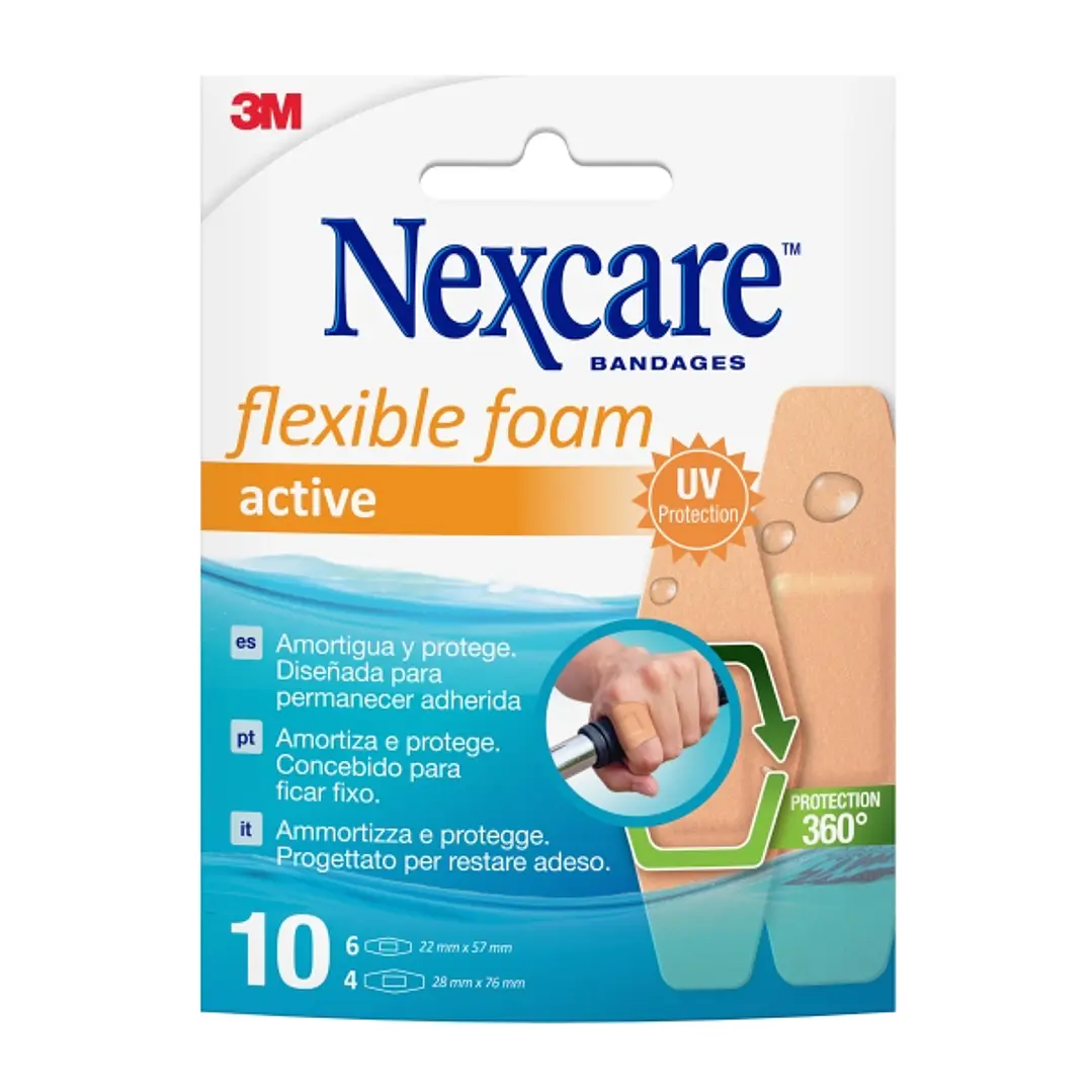 Nexcare Active Flexible Foam Pack de 10 Apositos Surtidos - Transpirable - Resistente al Agua - Color Piel 1
