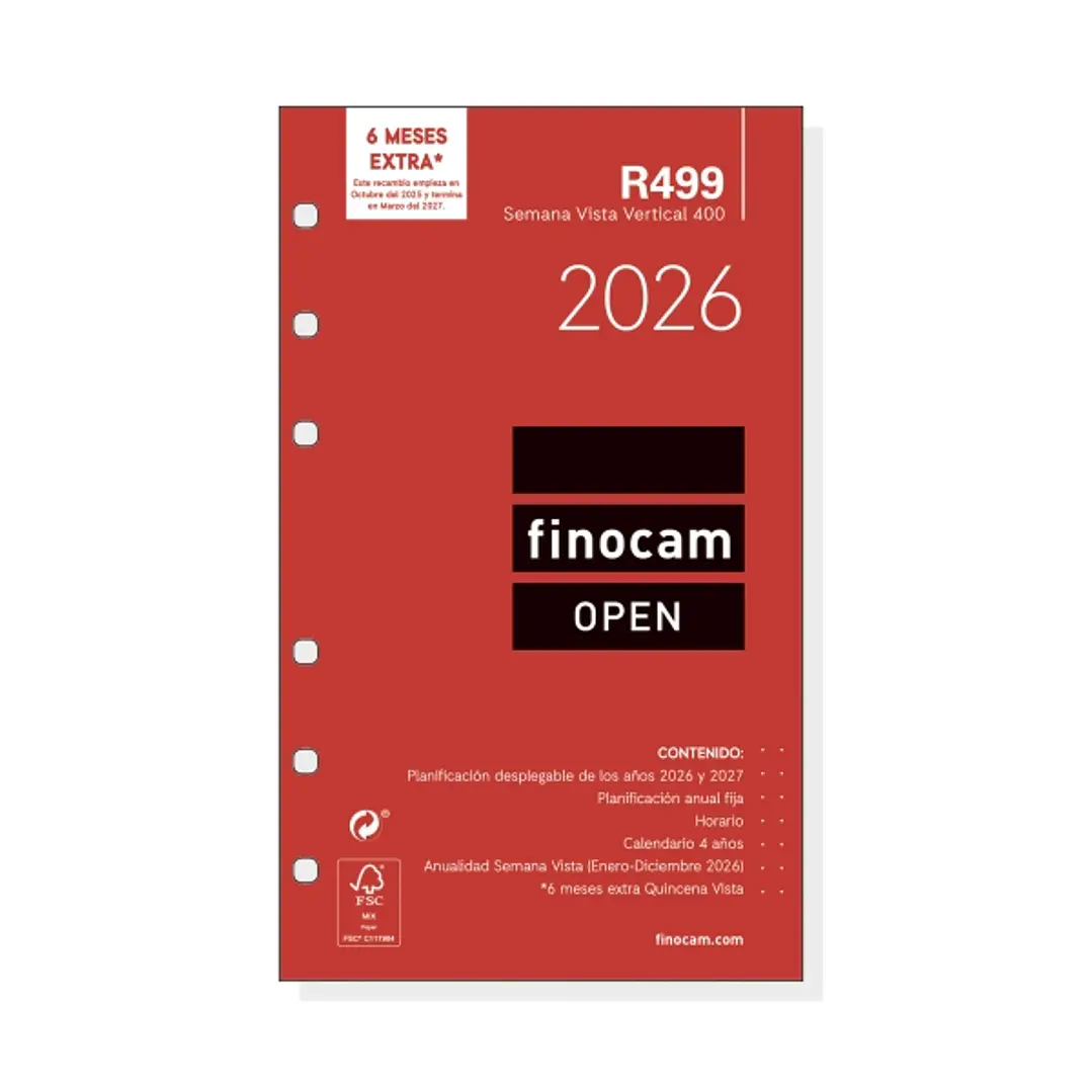 Finocam R499 Recambio Anual 2026 para Agendas Open 2026 - Formato 400 - 91x8x152mm - Semana Vista en Vertical - Color Blanco 1