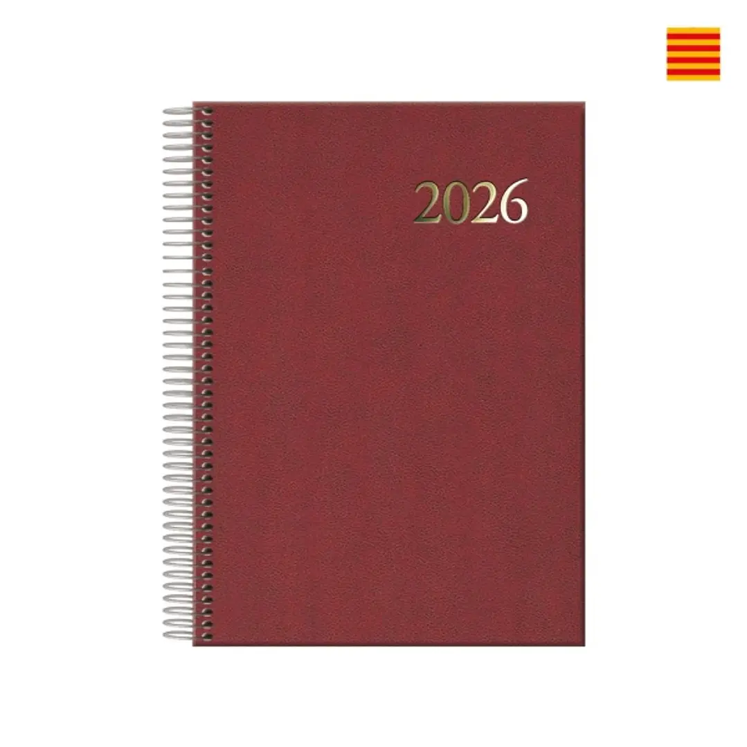 Dohe Segovia Agenda Anual Espiral en Catalan - Dia Pagina - Sabado y Domingo misma Pagina - Tamaño 14x20cm - Color Burdeos 1