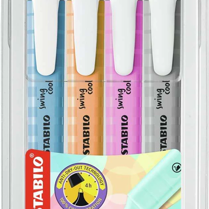 Stabilo Swing Cool Pastel Pack de 4 Marcadores Fluorescentes - Cuerpo Plano - Punta Biselada - Trazo entre 1 y 4mm - Tinta con Base de Agua - Antiseca 1