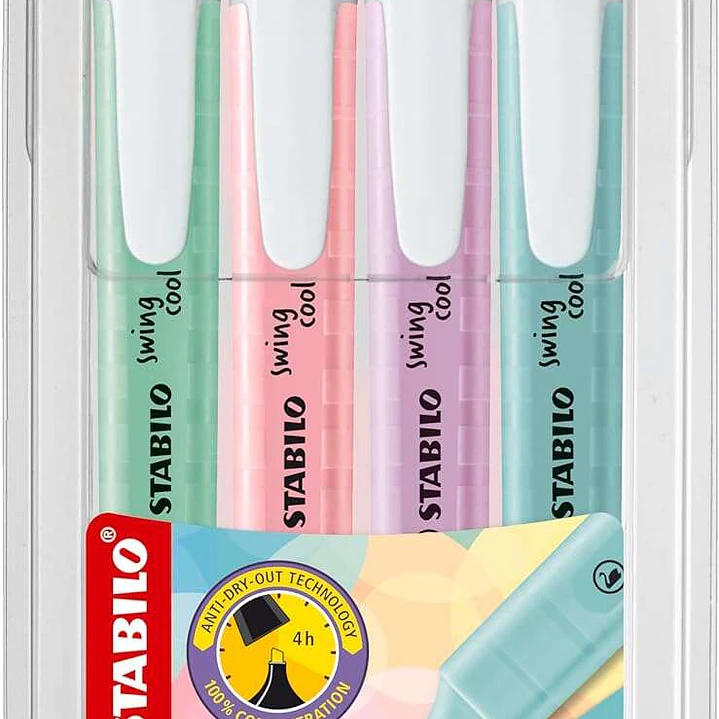 Stabilo Swing Cool Pastel Pack de 4 Marcadores Fluorescentes - Cuerpo Plano - Punta Biselada - Trazo entre 1 y 4mm - Tinta con Base de Agua - Colores  1