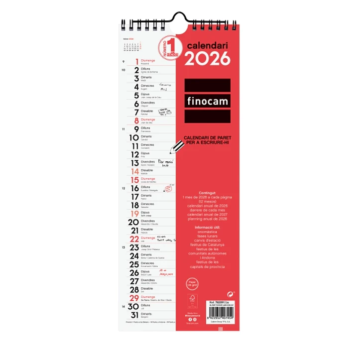 Finocam Calendario de Pared en Catalan - Anual 2026 - Formato Largo M - 130x5x335mm - Espacio para Escribir - Color Blanco y Rojo 1