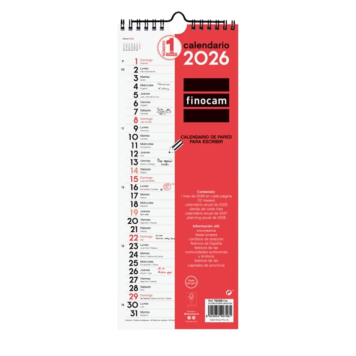 Finocam Calendario de Pared - Anual 2026 - Formato Largo M - 130x5x335mm - Espacio para Escribir - Color Blanco y Rojo 1