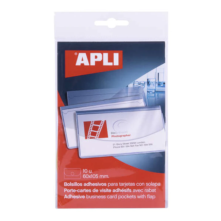 Apli Pack de 10 Bolsillos Adhesivos Porta Tarjetas con Solapa de Cierre - Medidas 100x60mm - Ideal para Presentaciones Impresas, Dosieres 1