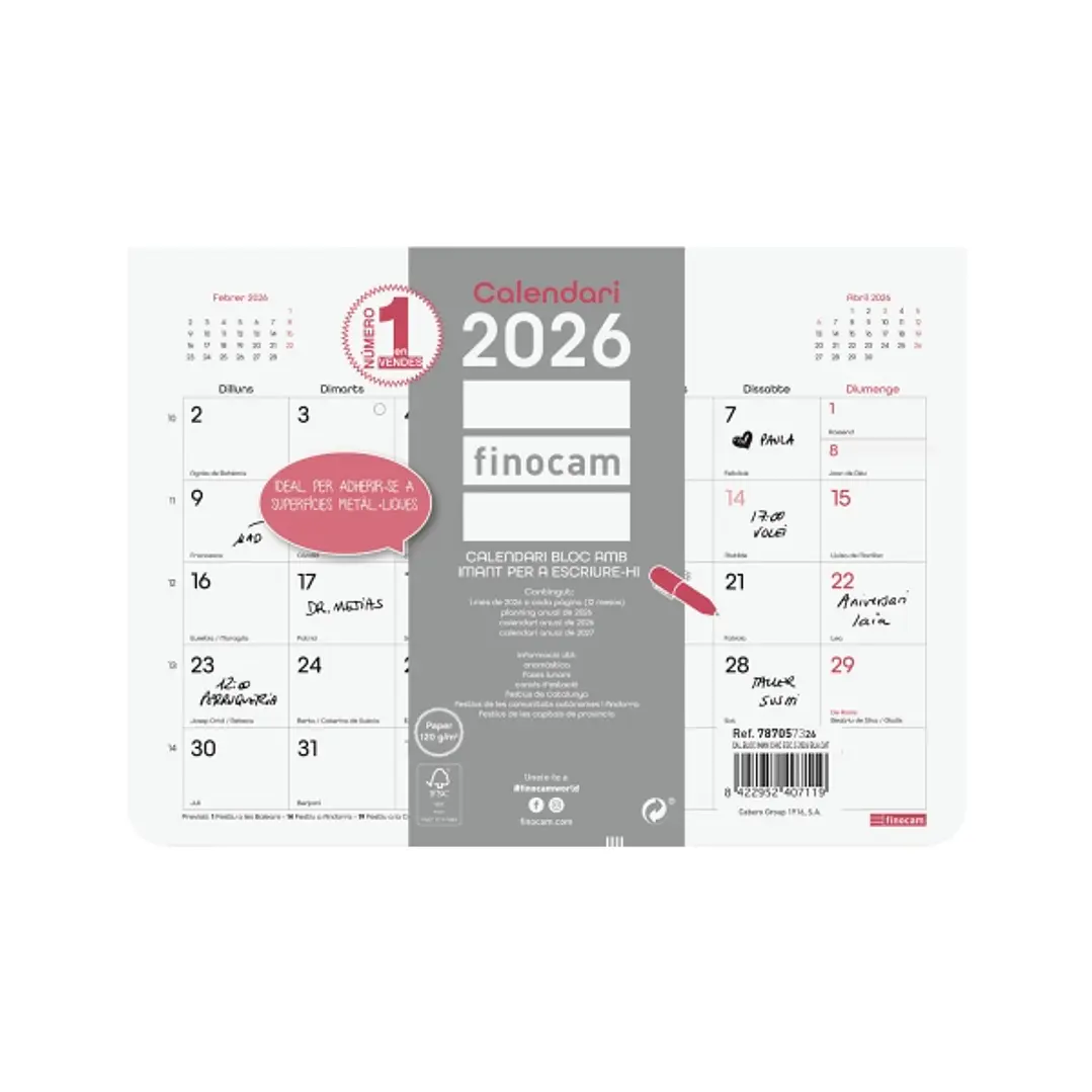 Finocam Chic Calendario Imantado en Catalan - Anual 2026 - Bloc Encolado - 210x6x150mm - Espacio para Escribir - Color Blanco 1