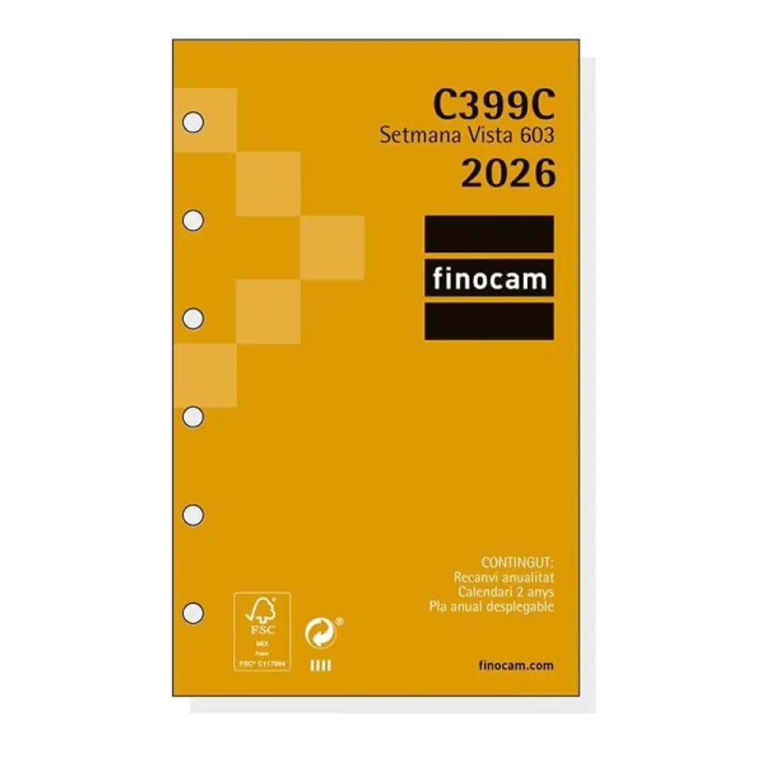 Finocam C399C Recambio para Agendas Classic en Catalan - Anual 2026 - Esquinas Microperforadas - Formato 603 - 79x6x127mm - Semana Vista Horizontal -  1