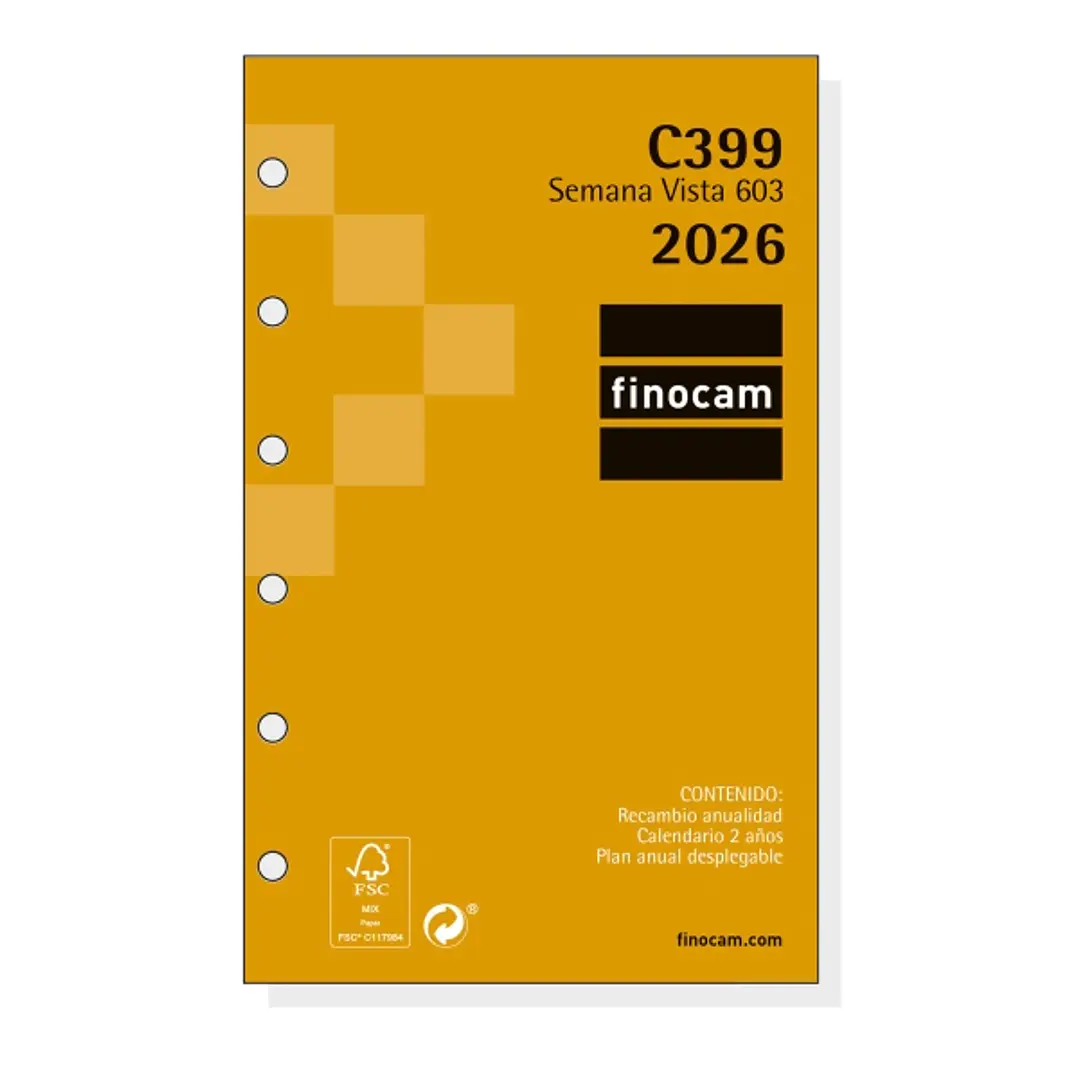 Finocam C399 Recambio para Agendas Classic - Anual 2026 - Hojas Microperforadas - Formato 603 - 79x6x127mm - Semana Vista Horizontal - Color Blanco 1