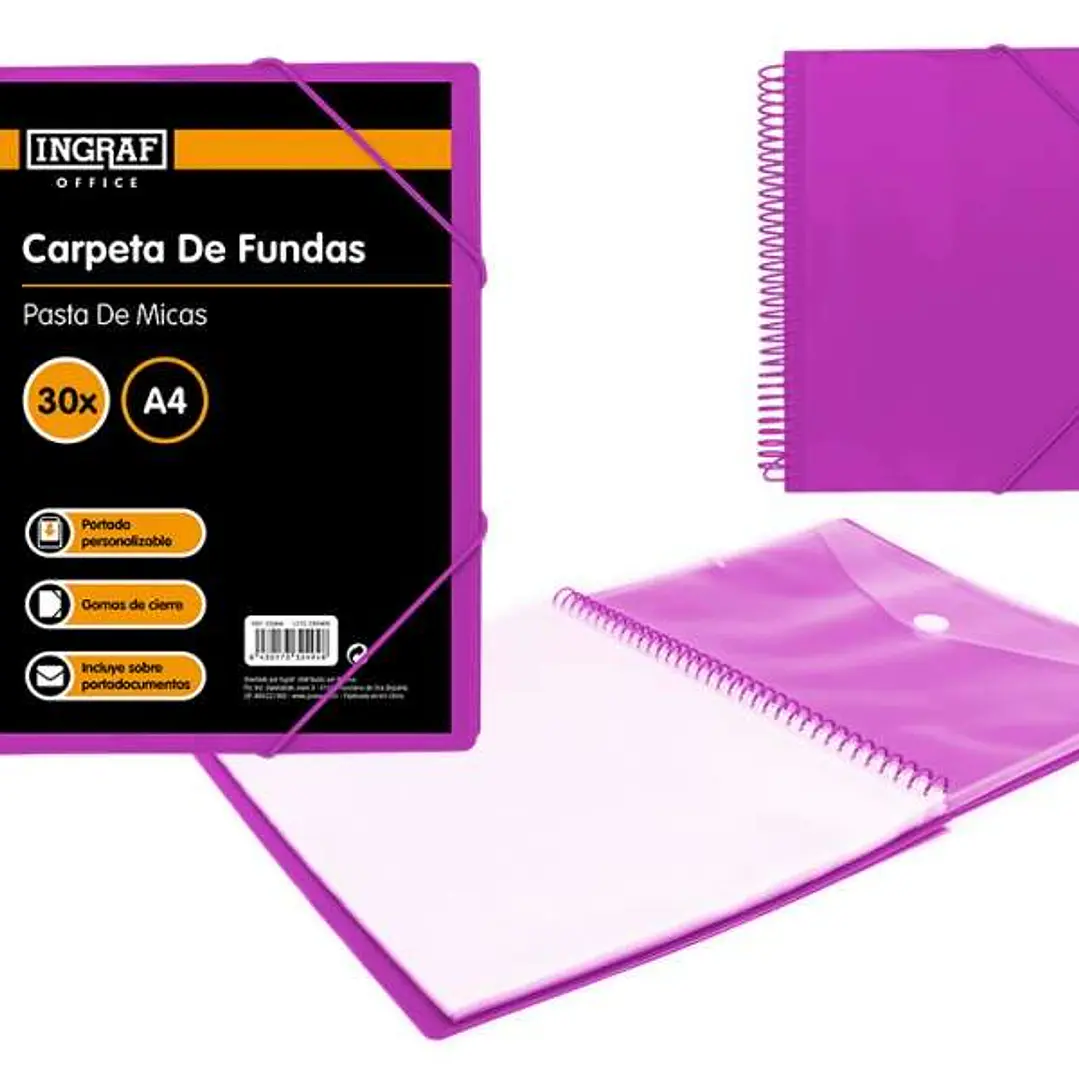 Ingraf Carpeta 30 Fundas A4 + Sobre con Broche - Espiral Plastica Indeformable - Apertura 360 Grados - Portada Personalizable - Color Morado 1
