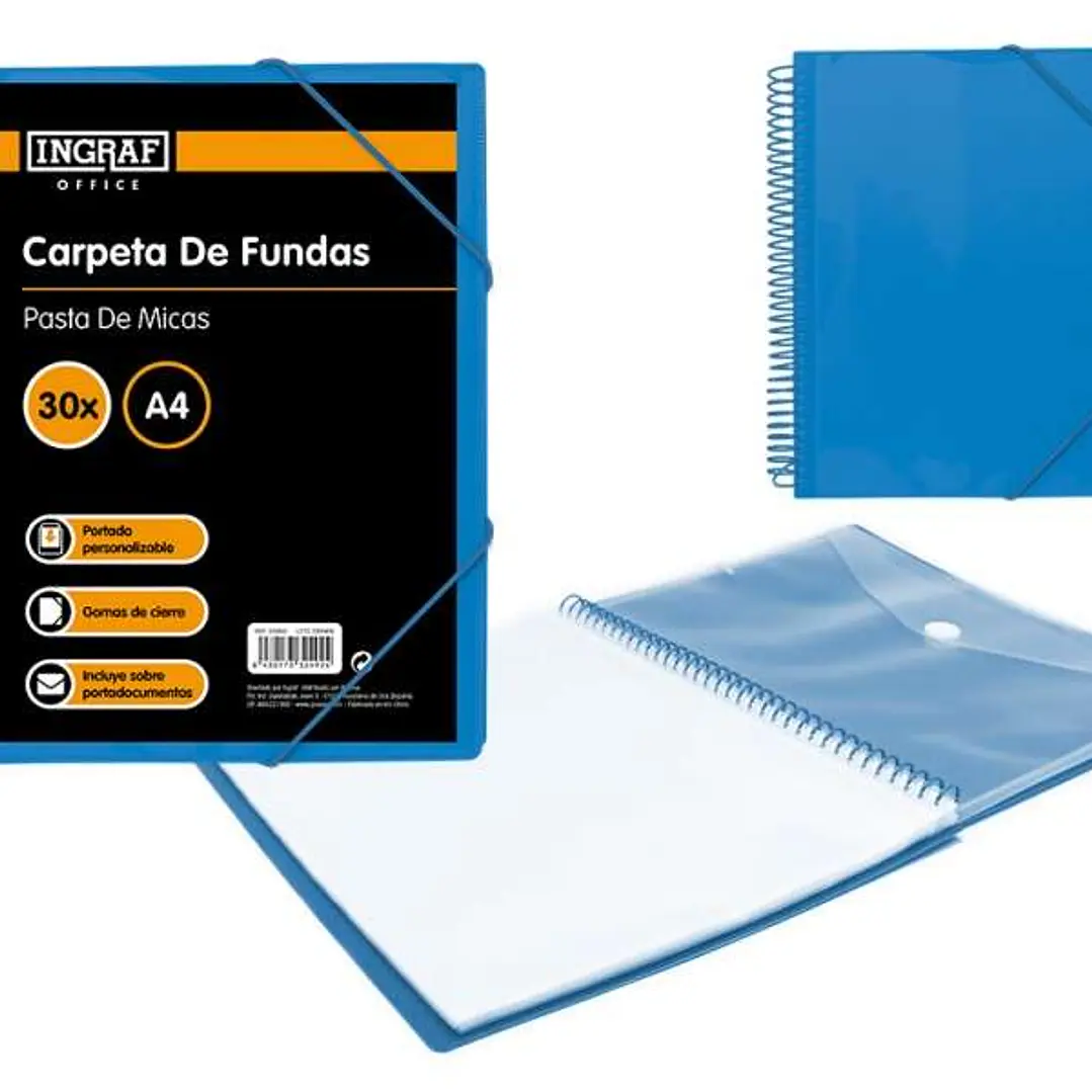Ingraf Carpeta 30 Fundas A4 + Sobre con Broche - Espiral Plastica Indeformable - Apertura 360 Grados - Portada Personalizable - Color Azul 1