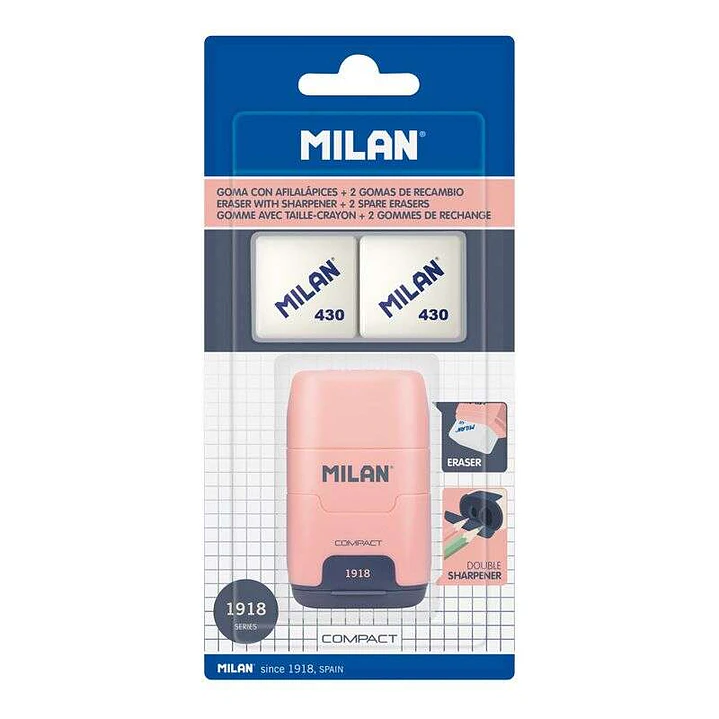 Milan Compact Serie 1918 Afilaborra Compact con 2 Gomas de Borrar - Sacapuntas Doble - Cuchilla de Seguridad - Color Rosa 1