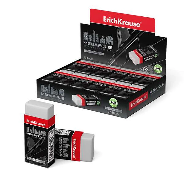Erichkrause Megapolis Goma de Borrar Suave - Fabricada de Caucho Termoplastico Hipoalergenico - Ecologica y Moderna - Envoltorio de Carton - Sin PVC - 1