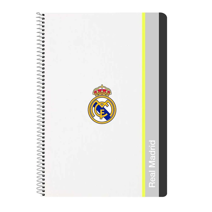 Safta Real Madrid Cuaderno Espiral - Tapas Duras - 80 Hojas A4 con Cuadriculada 4X4mm - Formato Folio - 21.5x31x1cm - Color Blanco y Negro 1