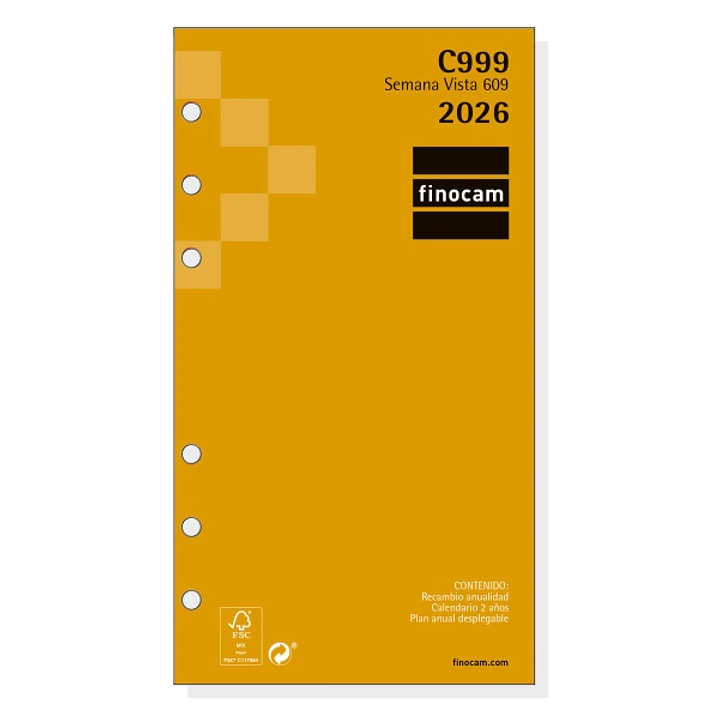 Finocam C999 Recambio para Agendas Classic - Anual 2026 - Hojas Microperforadas - Formato 609 - 94x6x171mm - Semana Vista Horizontal - Color Blanco 1