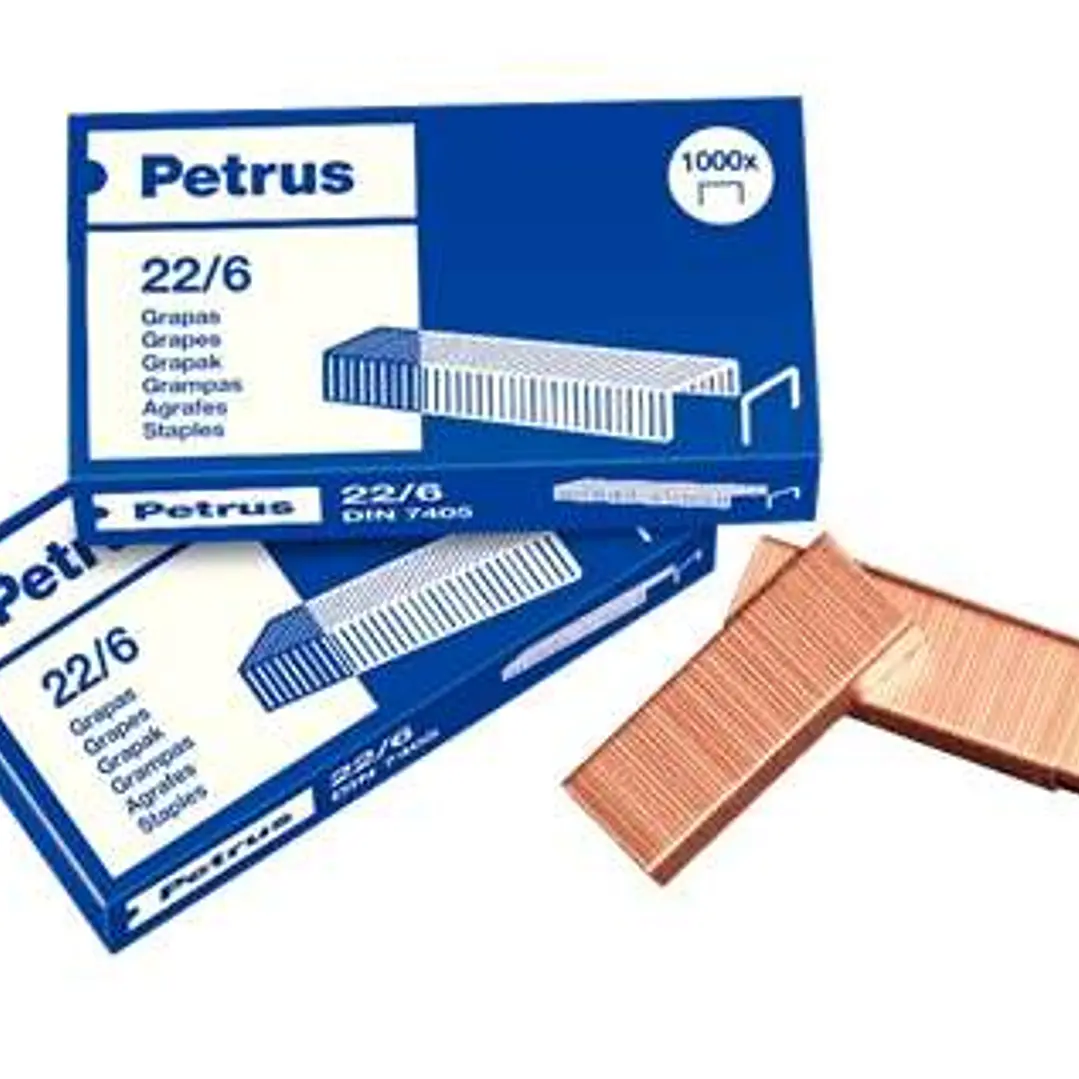 Petrus Pack de 4 Cajas de 1000 Grapas 22/6 Cobreadas - Hasta 30 Hojas - Patilla de 6mm 1