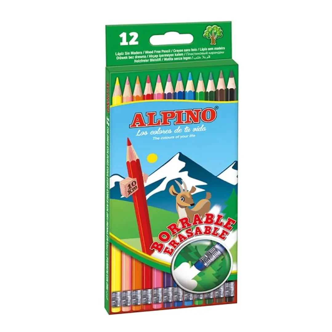Alpino Pack con 12 Lapices de Colores Hexagonales Borrables - Mina de 3mm - Goma de Borrar del mismo Color - Resistente a la Rotura - Colores Surtidos 1