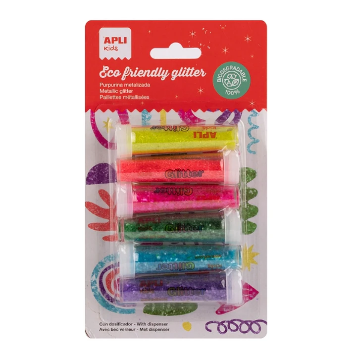 Apli Pack con 6 Botes de Purpurina Biodegradable 6gr por Bote - Colores Fluor Surtidos 1