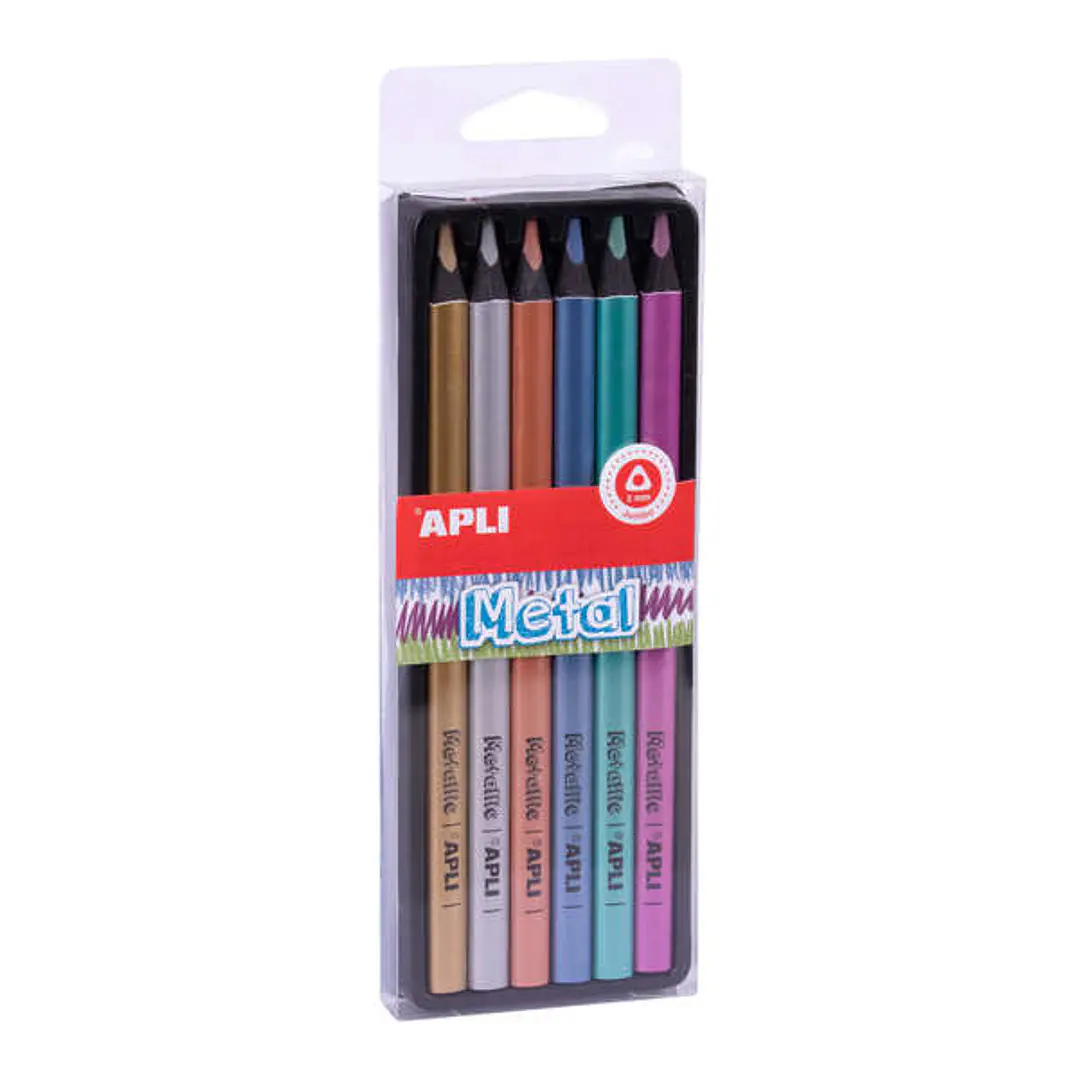 Apli Lapices Jumbo Metal Pack con 6 Lapices de Colores Jumbo - 5mm de Grosor - Forma Triangular para Mejor Sujecion y Cobertura - Colores Metalizados  1