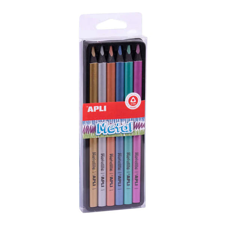 Apli Lapices Jumbo Metal Pack con 6 Lapices de Colores Jumbo - 5mm de Grosor - Forma Triangular para Mejor Sujecion y Cobertura - Colores Metalizados  1