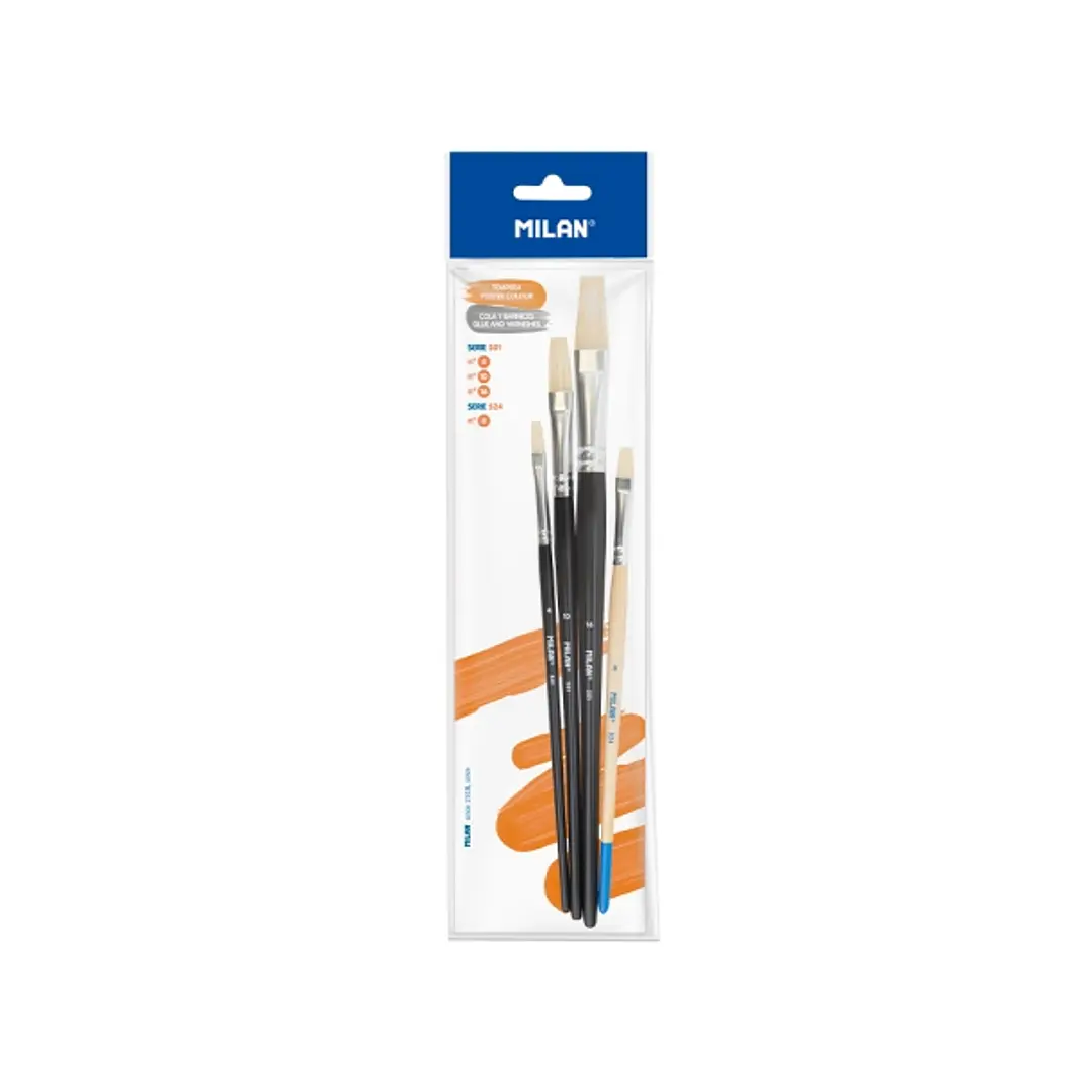 Milan 501 Pack de 3 Pinceles Planos - Incluye 1 Pincel Serie 524 Numero 8 - Formatos Surtidos - Color Negro 1