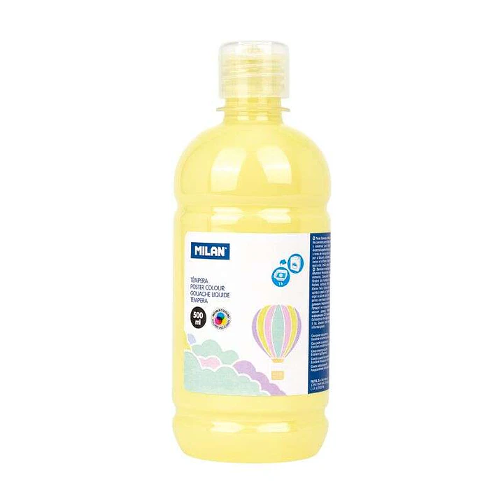 Milan Botella de Tempera 500ml - Tapon Dosificador - Secado Rapido - Mezclable - Color Amarillo Pastel 1