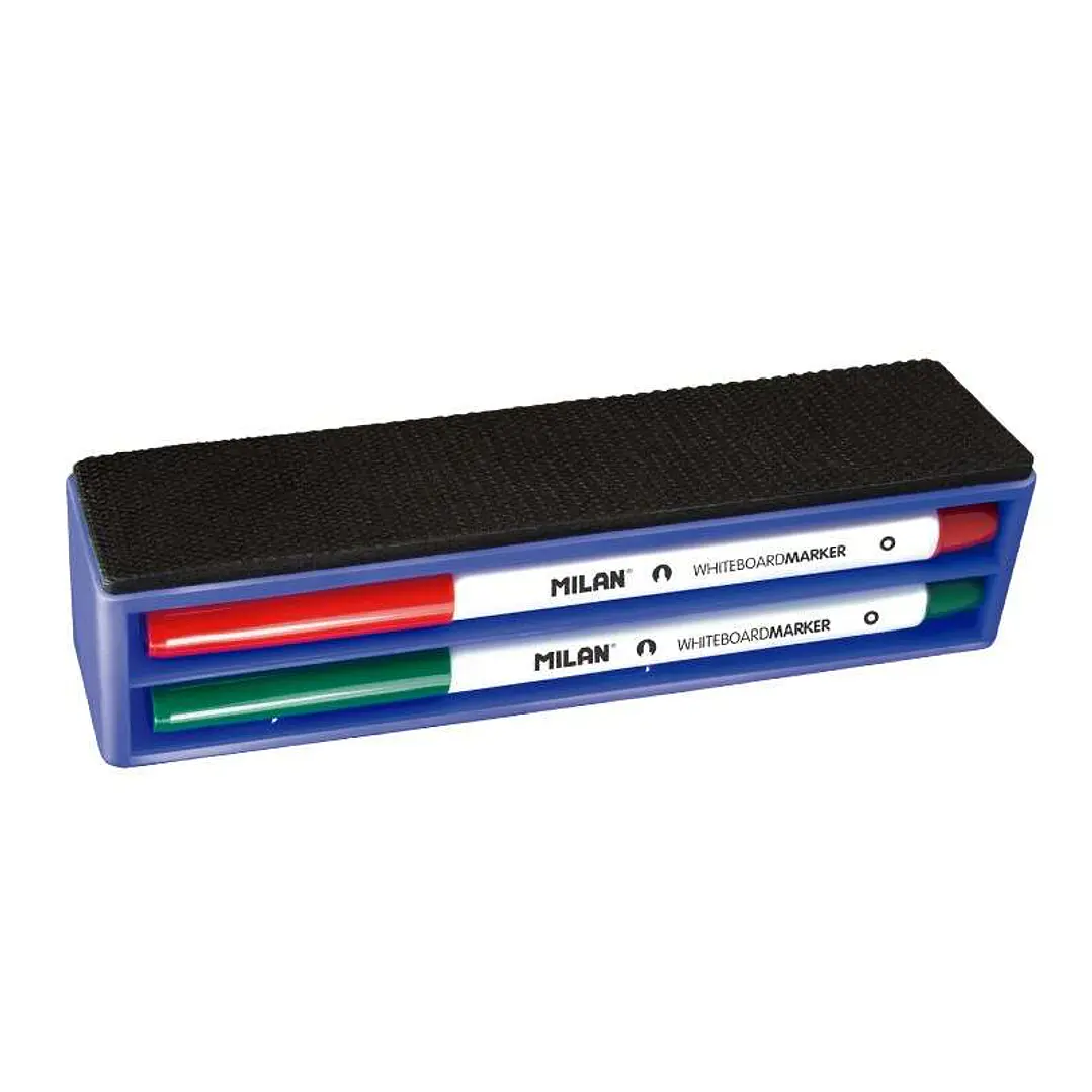 Milan Pack de Borrador Magnetico + 4 Rotuladores para Pizarra Blanca - Punta Redonda 3.7 mm - Borrables en Seco - Tinta a Base de Alcohol 1