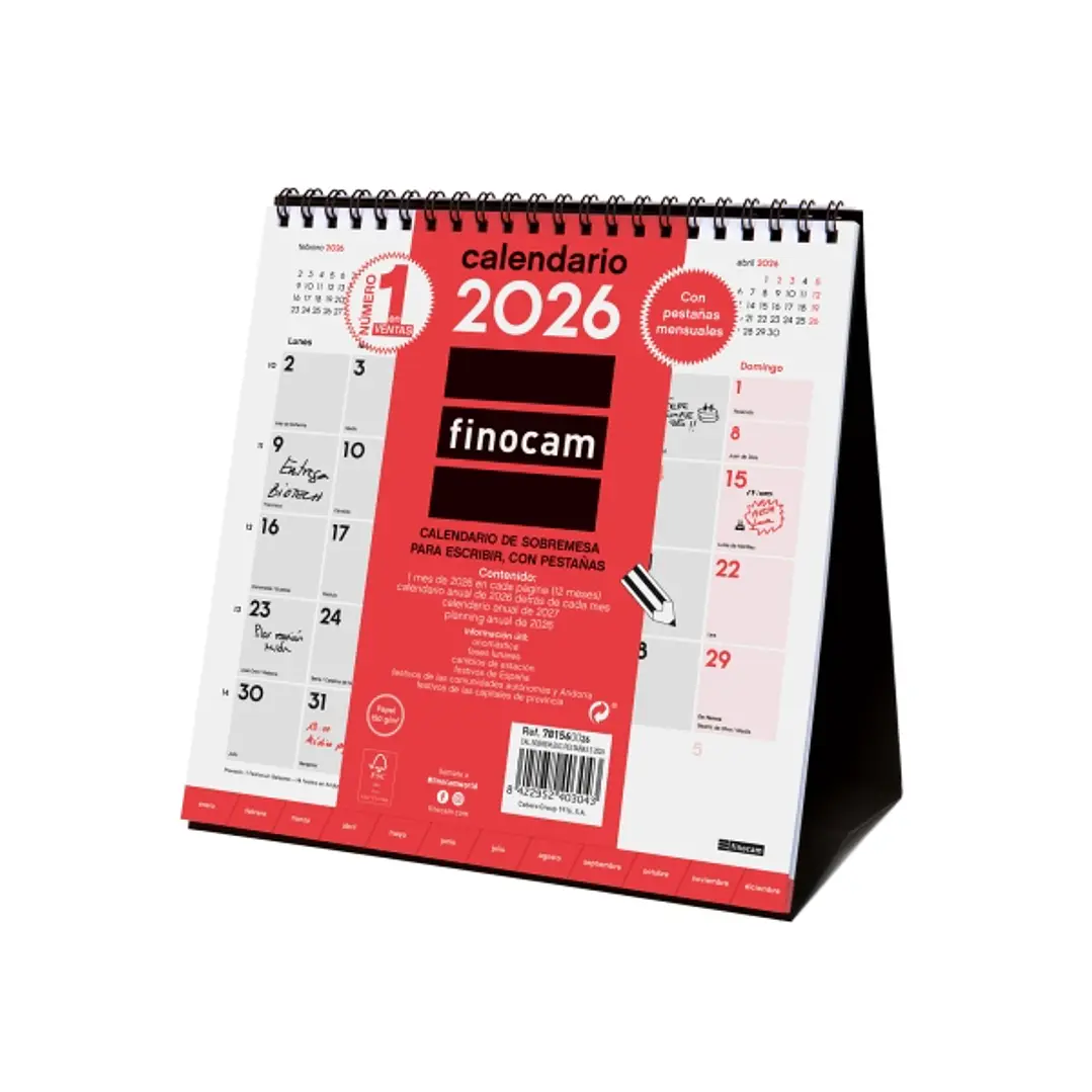 Finocam Calendario de Sobremesa - Anual 2026 - Meses en Solapa - 190x70x205mm - Espacio para Escribir - Color Blanco y Rojo 1