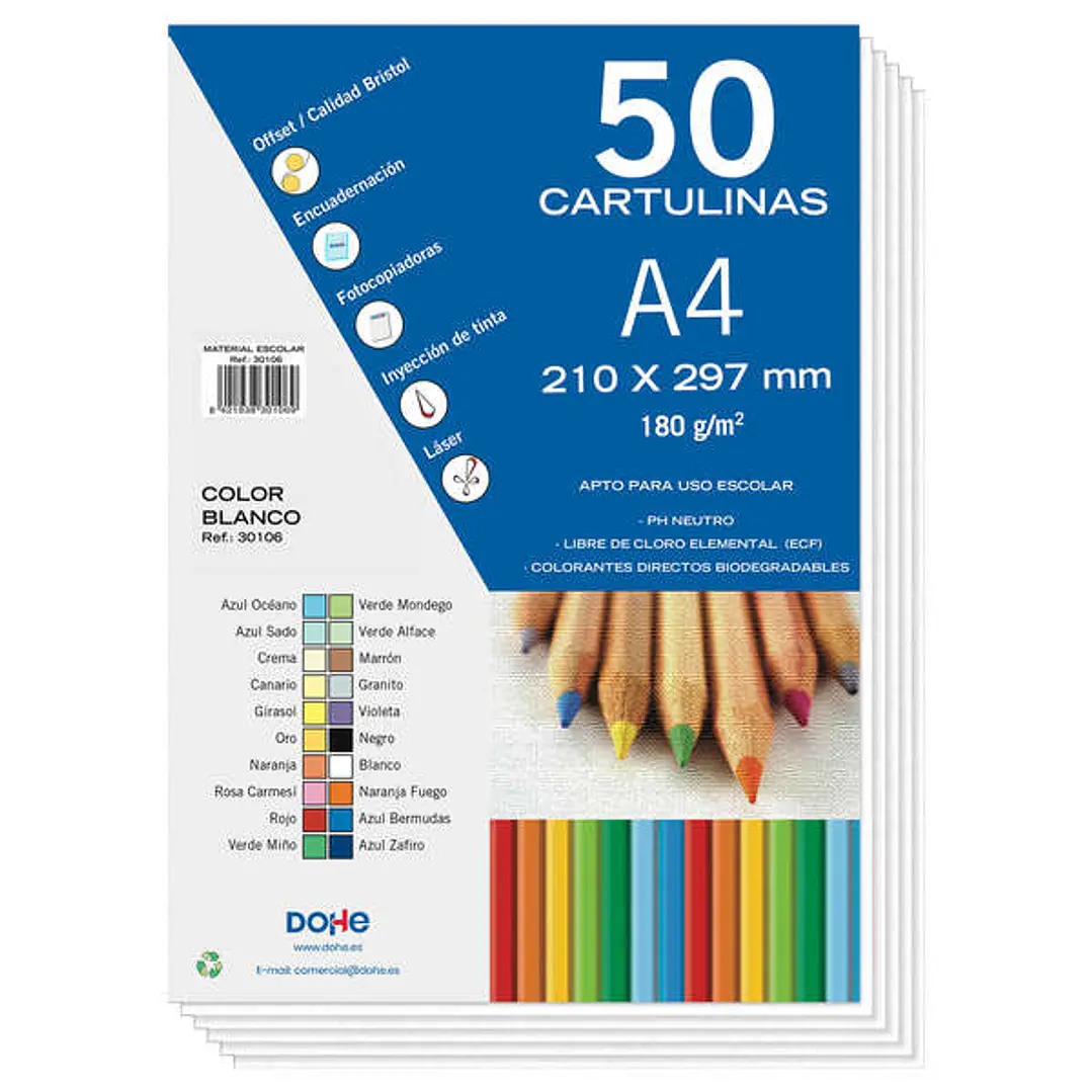 Dohe Pack de 50 Cartulinas de 180 g/m2 - Tamaño A4 - PH Neutro - Libres de Cloro Elemental - Color Blanco 1