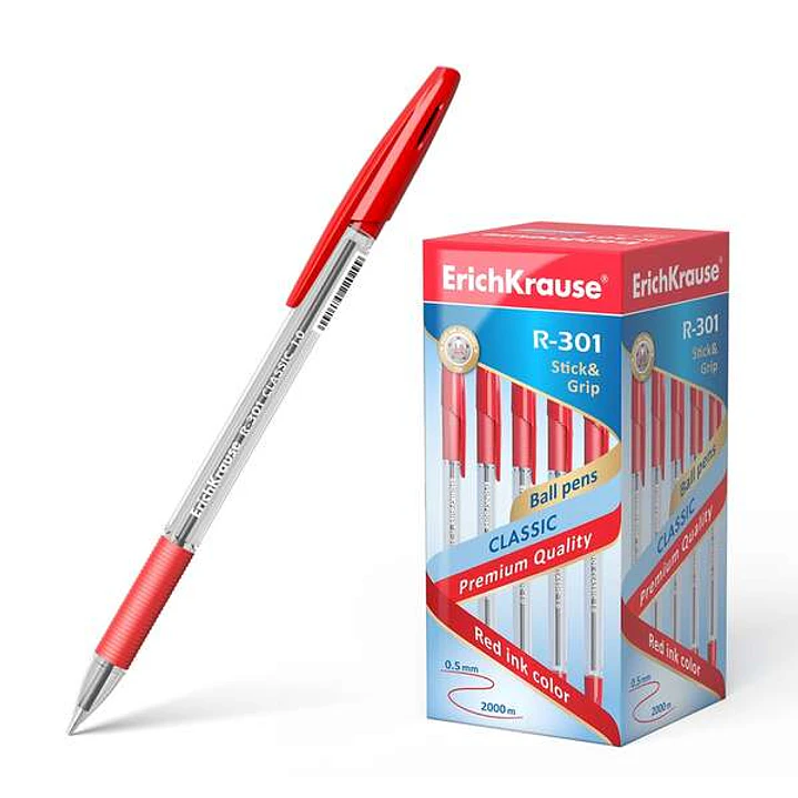 Erichkrause R-301 Stick&Grip Boligrafo de Bola Punta 1.0mm - Trazo 0.5mm - Agarre con Grip de Goma - Tinta de Secado Rapido - Cuerpo Transparente - Ca 1