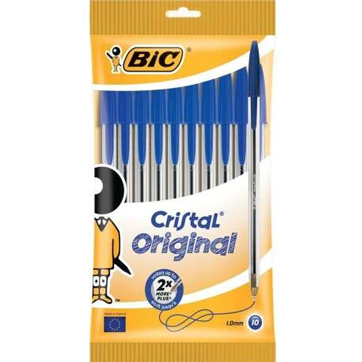 Bic Cristal Original Pack de 10 Boligrafos de Bola - Punta Redonda de 1.0mm - Trazo 0.4mm - Tinta con Base de Aceite - Color Azul 1