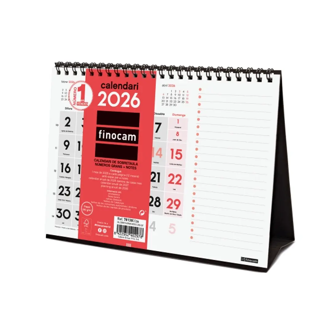 Finocam Calendario de Sobremesa en Catalan - Anual 2026 - Espacio para Notas - 210x70x160mm - Numeros Grandes - Color Blanco y Rojo 1