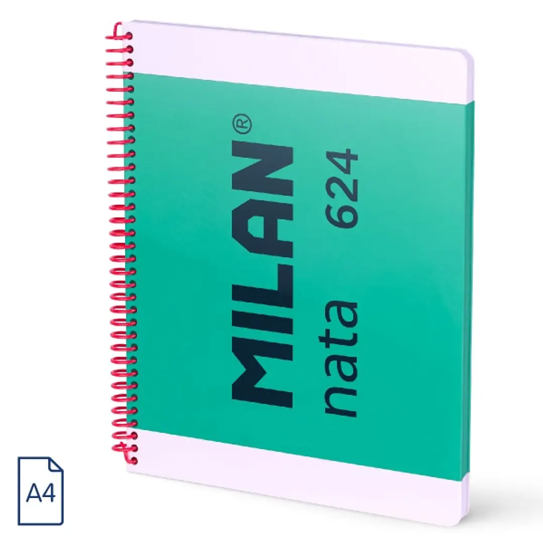 Milan Nata 624 Cuaderno Espiral Formato A4 Pautado 7mm - 80 Hojas de 95 gr/m2 - Microperforado, 4 Taladros - Color Verde 1