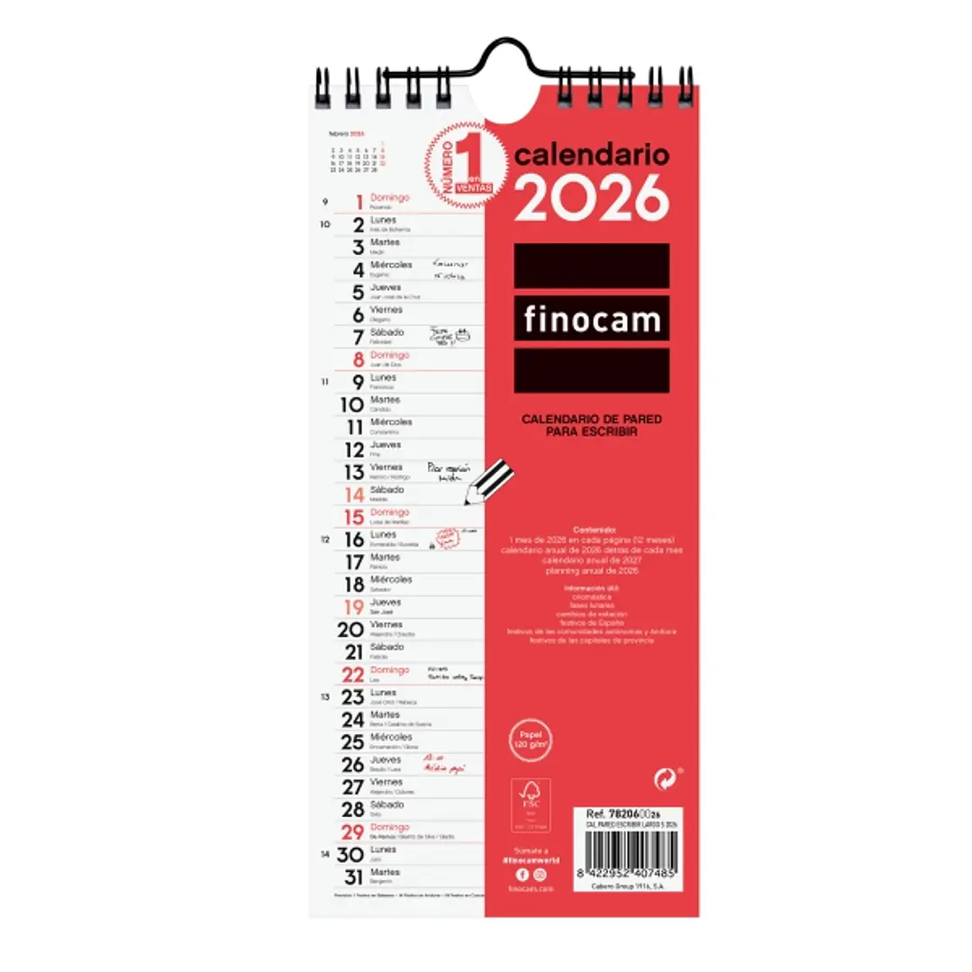 Finocam Calendario de Pared - Anual 2026 - 110x5x240mm - Espacio para Escribir - Color Blanco y Rojo 1