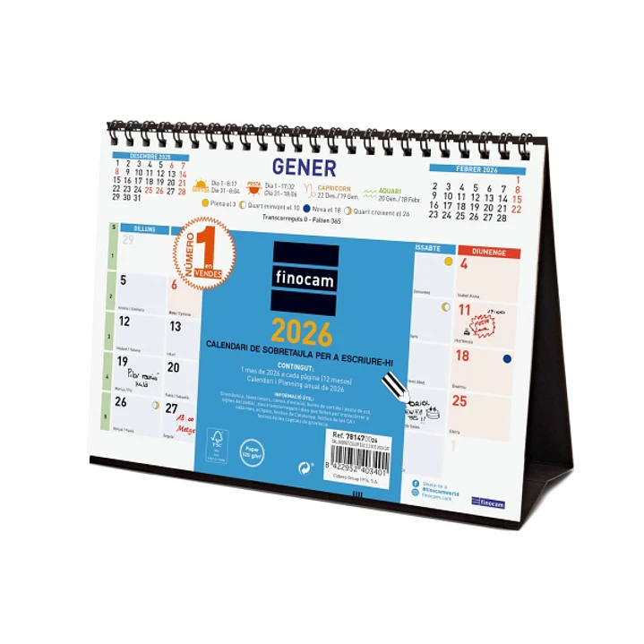 Finocam Calendario de Sobremesa en Catalan - Anual 2026 - Formato S - 210x70x155mm - Espacio para Escribir - Color Azul y Blanco 1