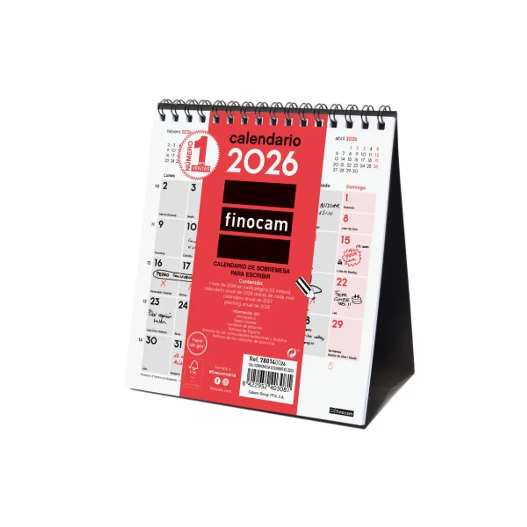 Finocam Calendario de Sobremesa - Anual 2026 - 140x70x155mm - Espacio para Escribir - Color 1