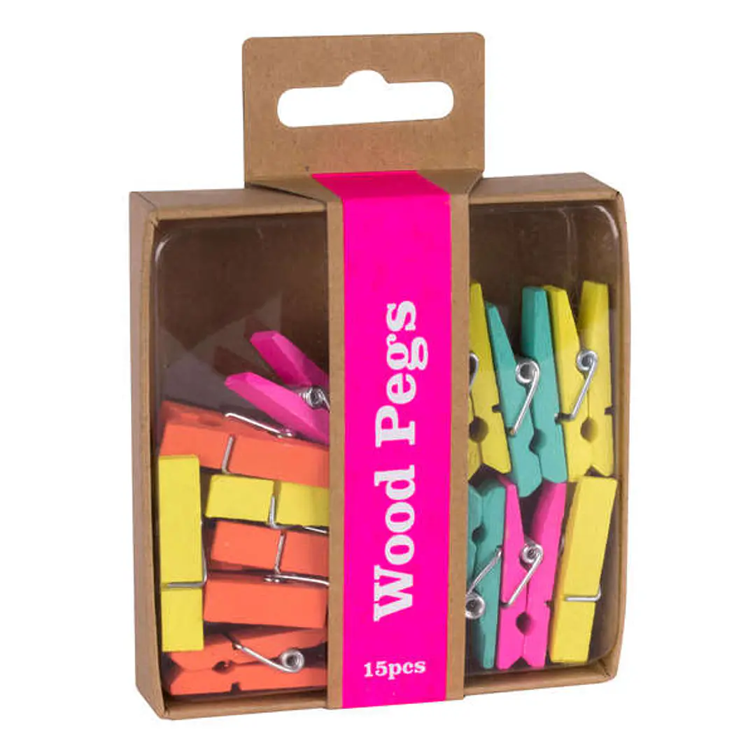 Apli Fluor Collection Pinzas de Madera - 15 Unidades de Colores Fluorescentes - Caja Kraft con Eurohole - Recambio para Expositor 15146 1