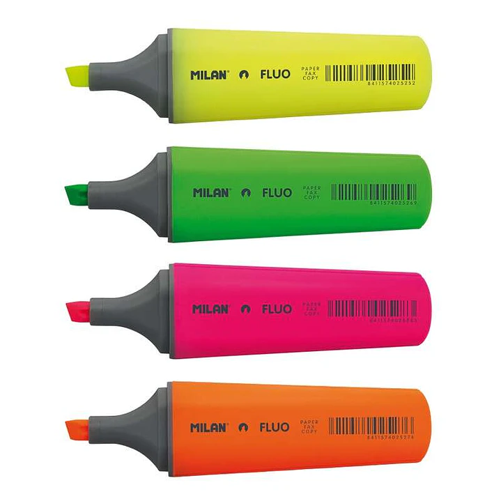 Milan Fluo Pack de 4 Marcadores Fluorescentes - Punta Biselada 1 - 4.8mm - Colores Amarillo, Naranja, Rosa y Verde 1