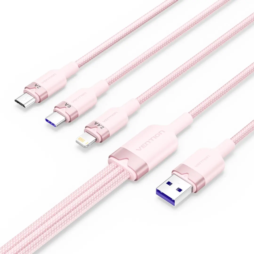 Vention Cable USB-A 2.0 a USB-C, Lightning, Micro-B 6A - 1.5m - Trenzado - Color Rosa 1